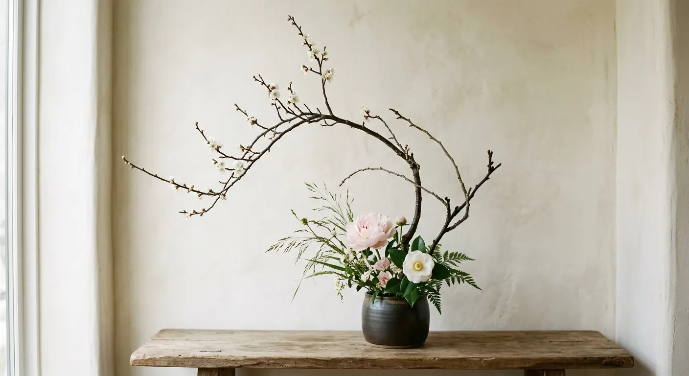 Arreglo de ikebana refinado con ramas y flores de temporada en equilibrio asimétrico sobre un fondo neutro