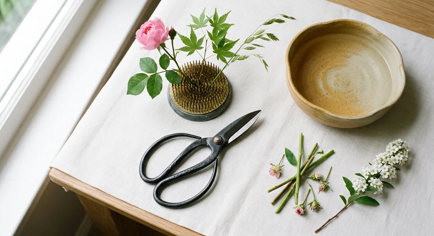 Herramientas del ikebana dispuestas con orden: tijeras, kenzan y un recipiente poco profundo