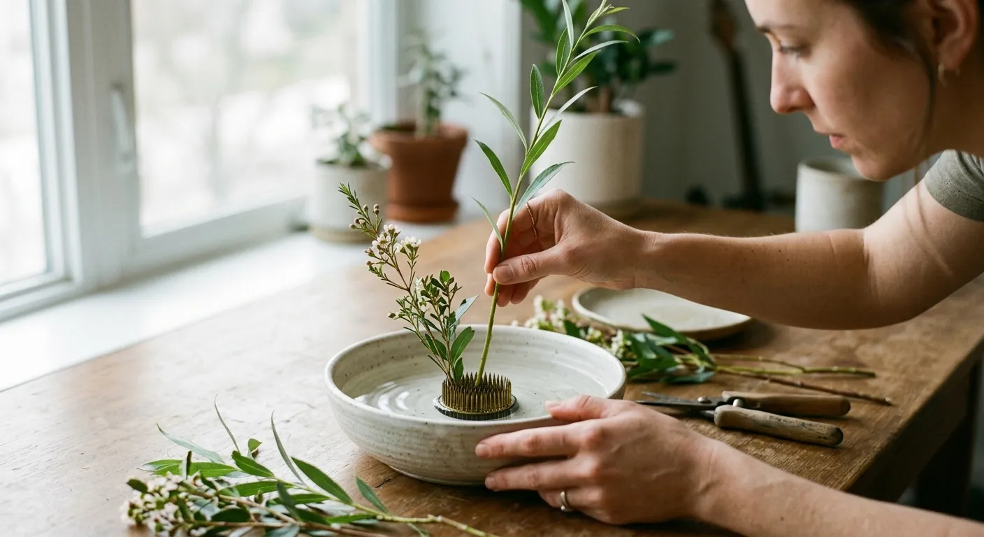 Manos colocando una rama en el kenzan dentro del recipiente, el proceso de creación de una obra de ikebana