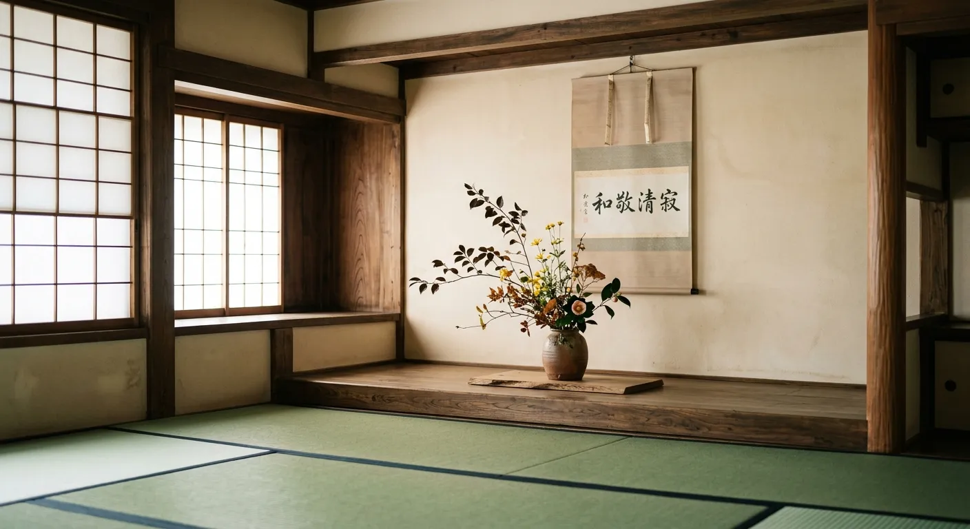 Arreglo de ikebana de temporada en la alcoba tokonoma de una sala de té, donde se encuentran dos vías
