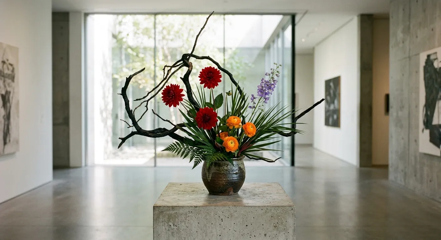 Arreglo de ikebana contemporáneo con ramas esculturales en una galería moderna, la tradición que respira hoy
