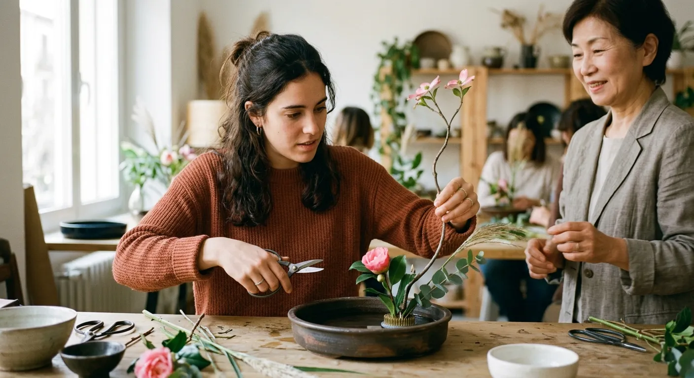 Joven visitante hispanohablante aprendiendo a hacer ikebana con la guía de una instructora japonesa