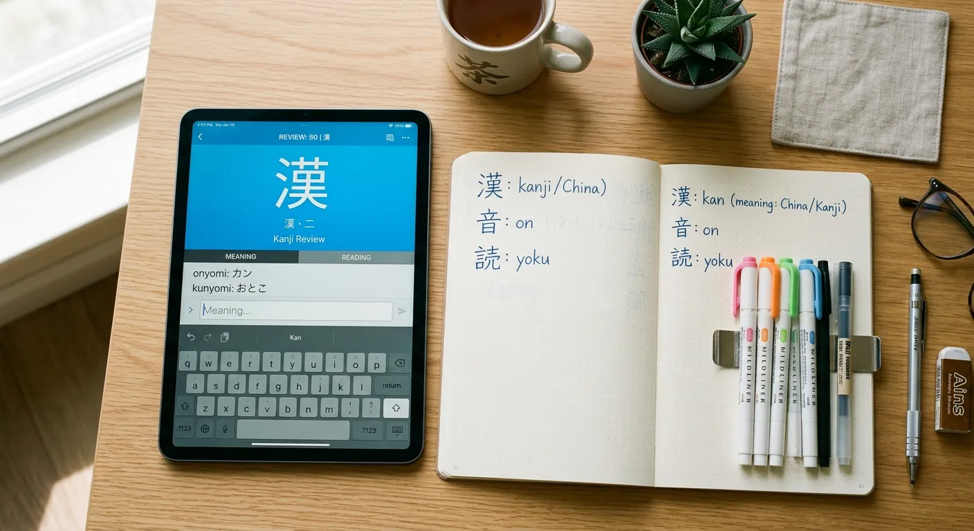 Vista cenital de escritorio con tablet de app de kanji, cuaderno y bolígrafos de colores