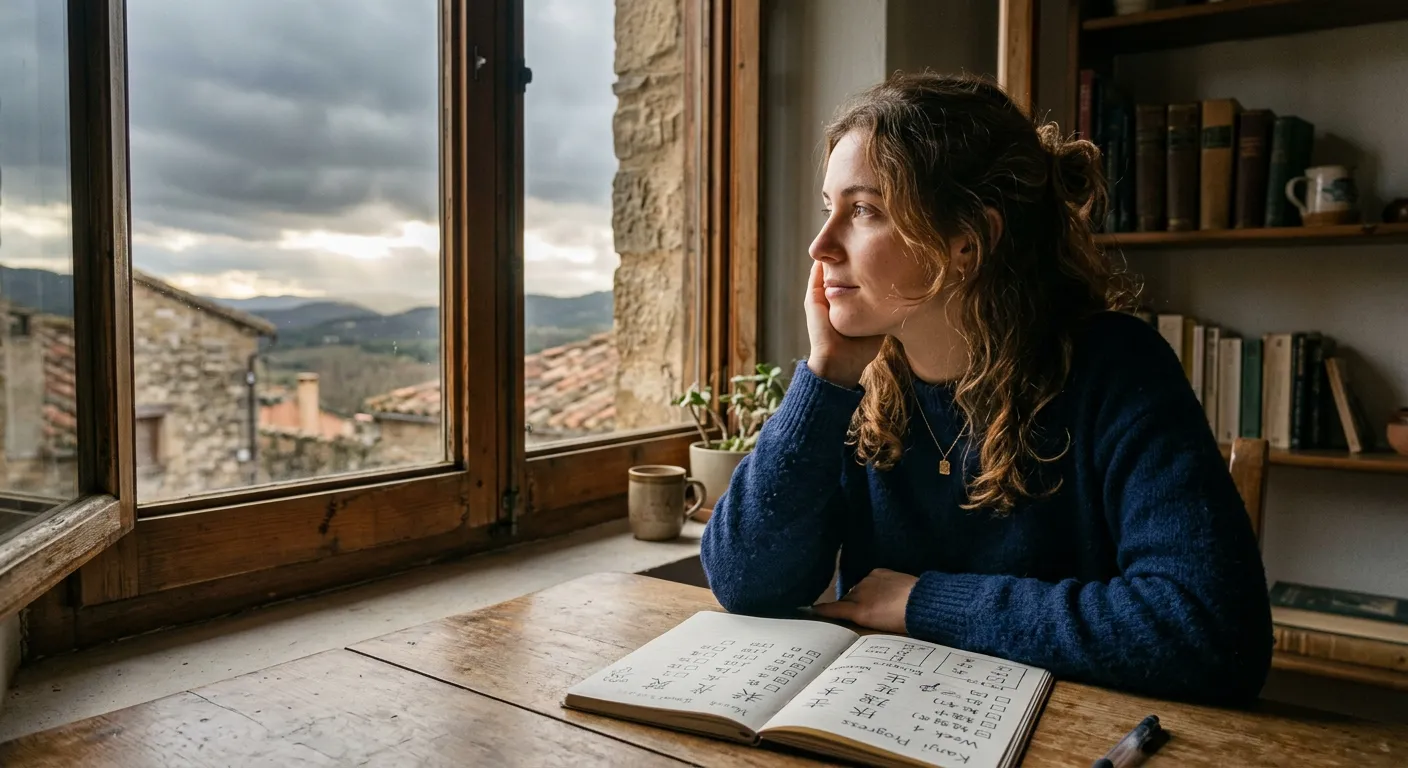 Joven castellana pensativa junto a ventana con cuaderno de progreso de kanji