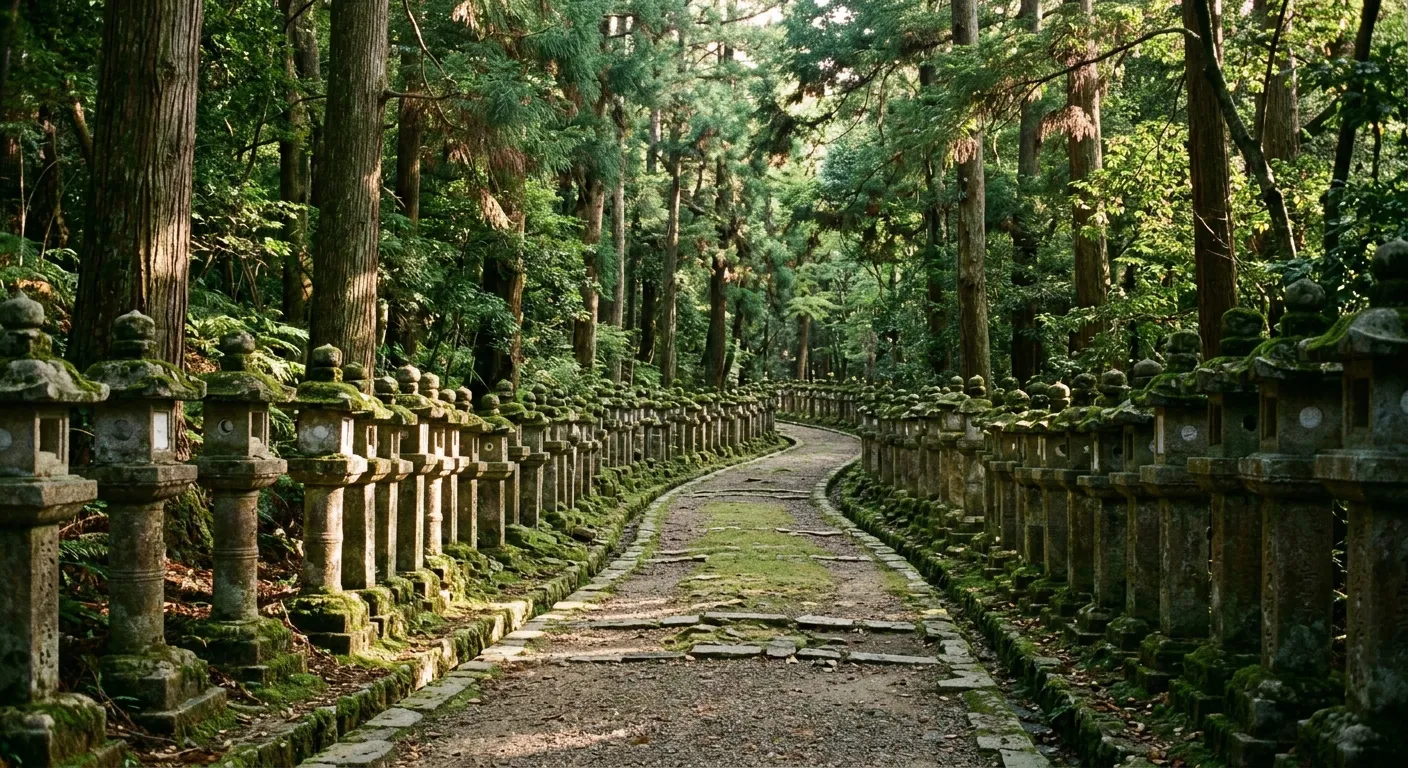 Camino de acceso al santuario Kasuga Taisha con hileras de faroles de piedra y luz matutina