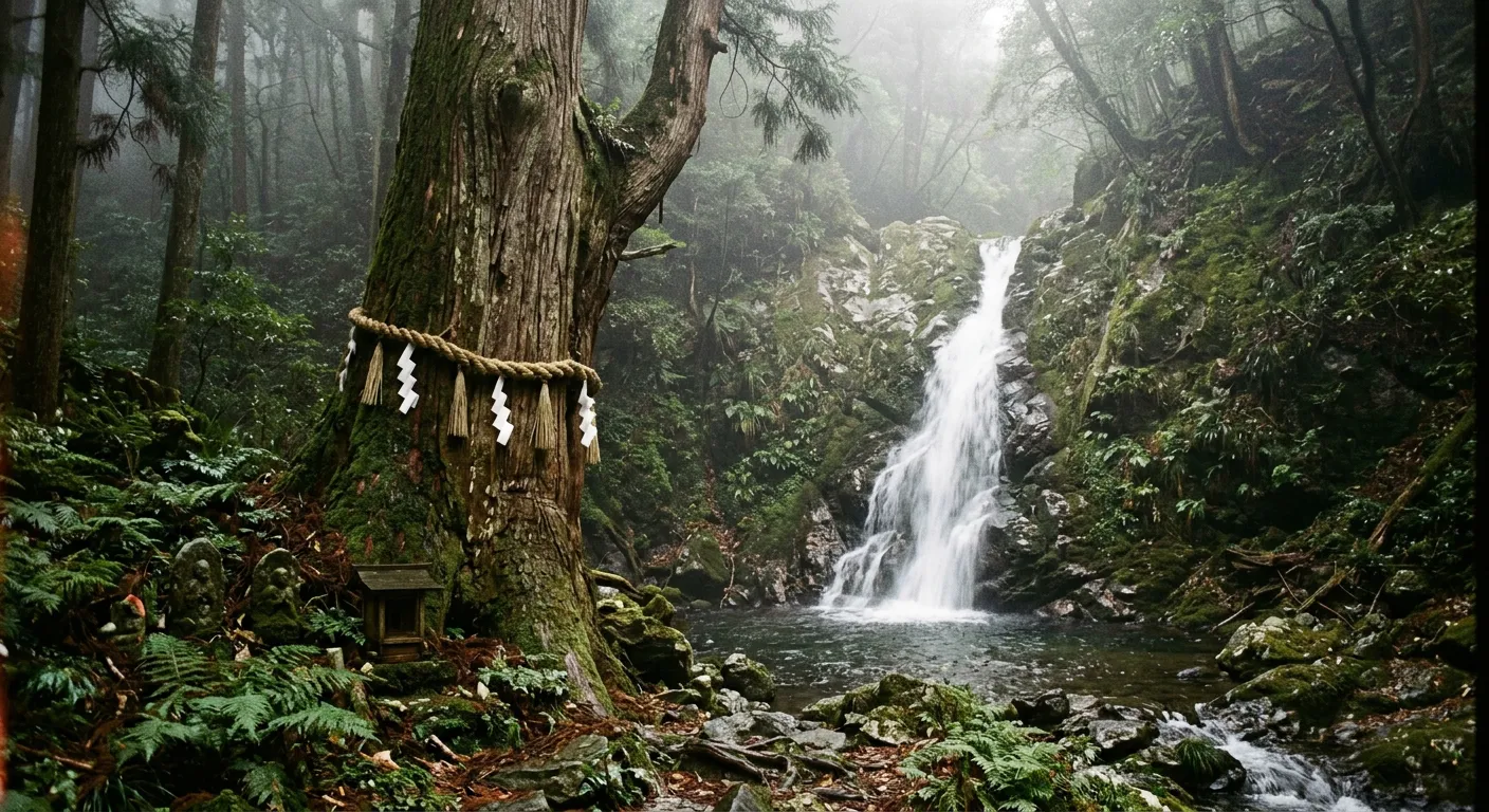 Una cascada sagrada y un arbol antiguo, los kami de la naturaleza