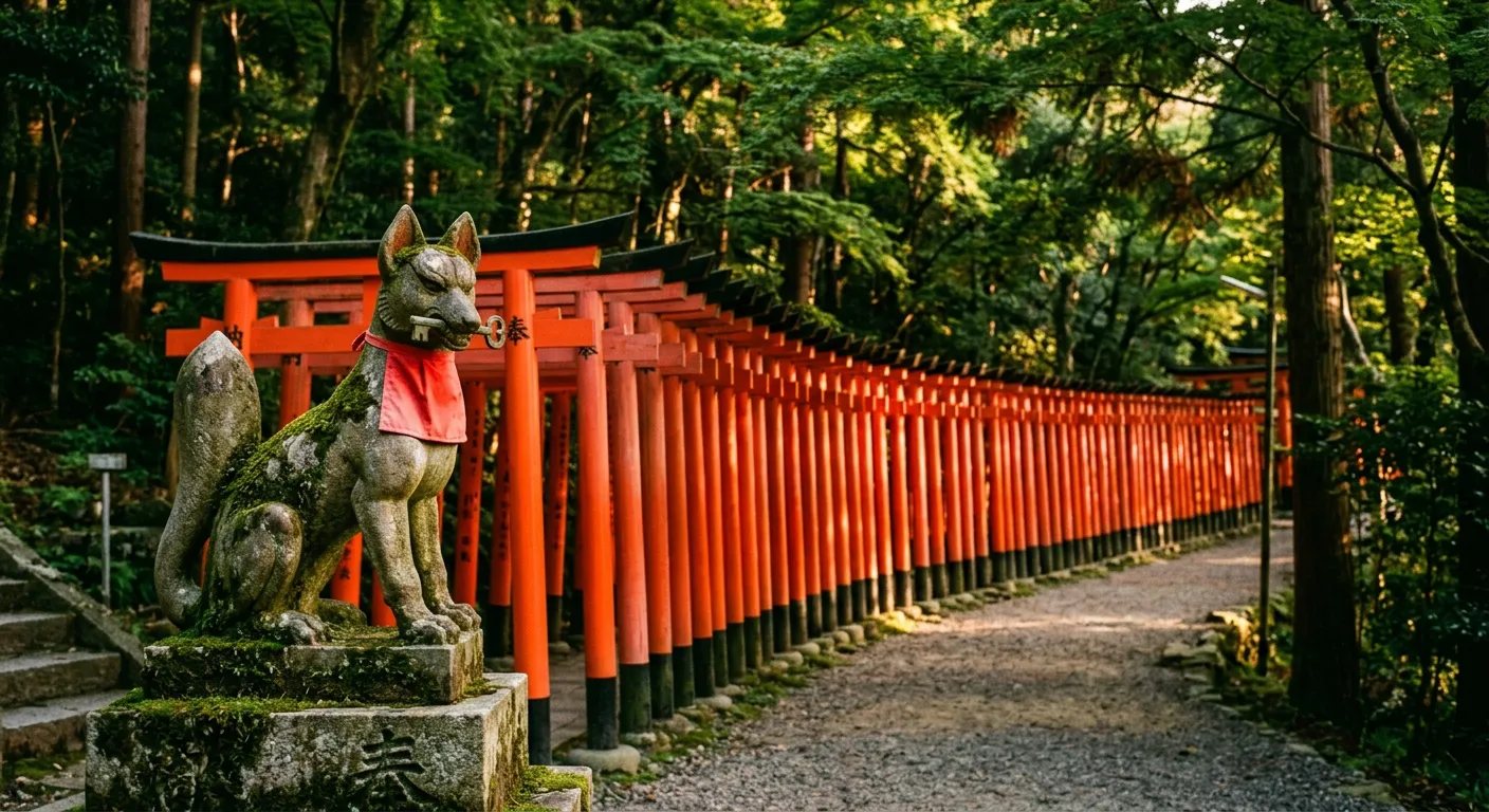 Un santuario Inari con estatuas de zorro y torii rojos