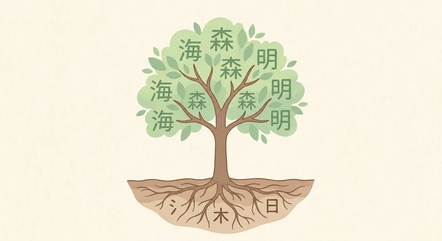 Ilustración de un árbol con radicales japoneses como raíces y kanji como frutos