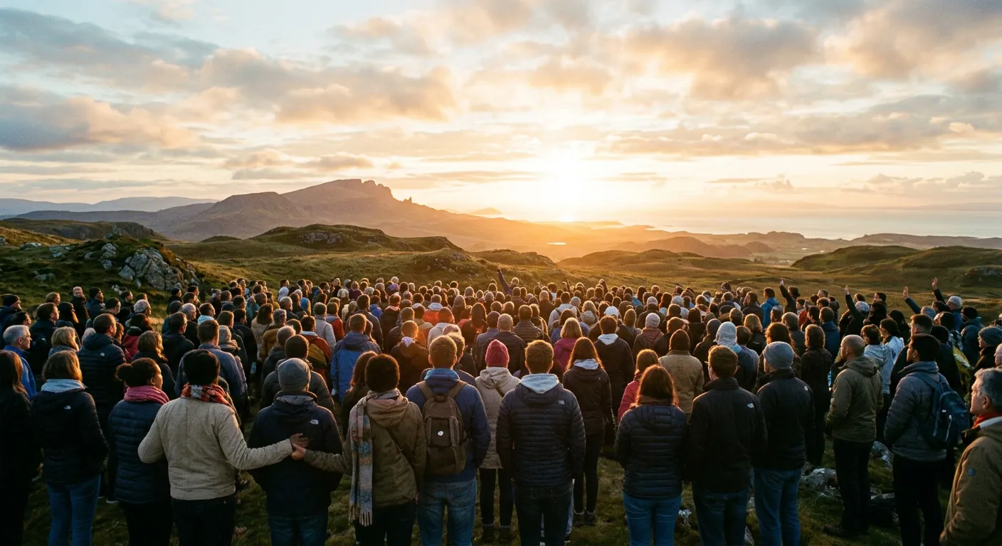 Una multitud mira al horizonte, el sueno como aspiracion compartida