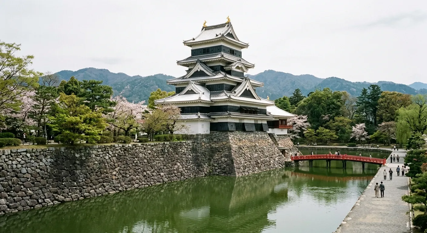 Castillo histórico japonés con torre del homenaje y foso, mil años de rivalidad este-oeste