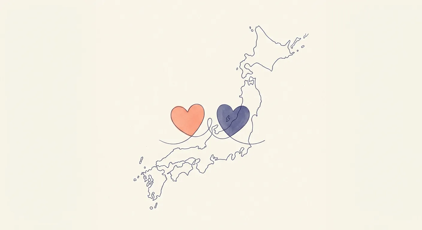 Ilustración minimalista de dos corazones dentro de la silueta de Japón, dos corazones un solo Japón