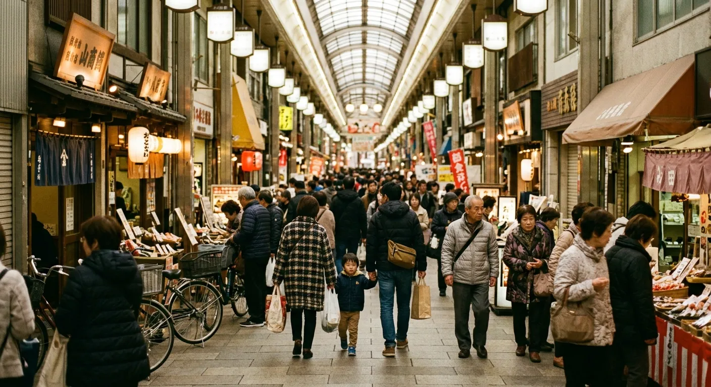 Galería comercial cubierta shotengai con compradores y familias, el modelo comercial kansaiense