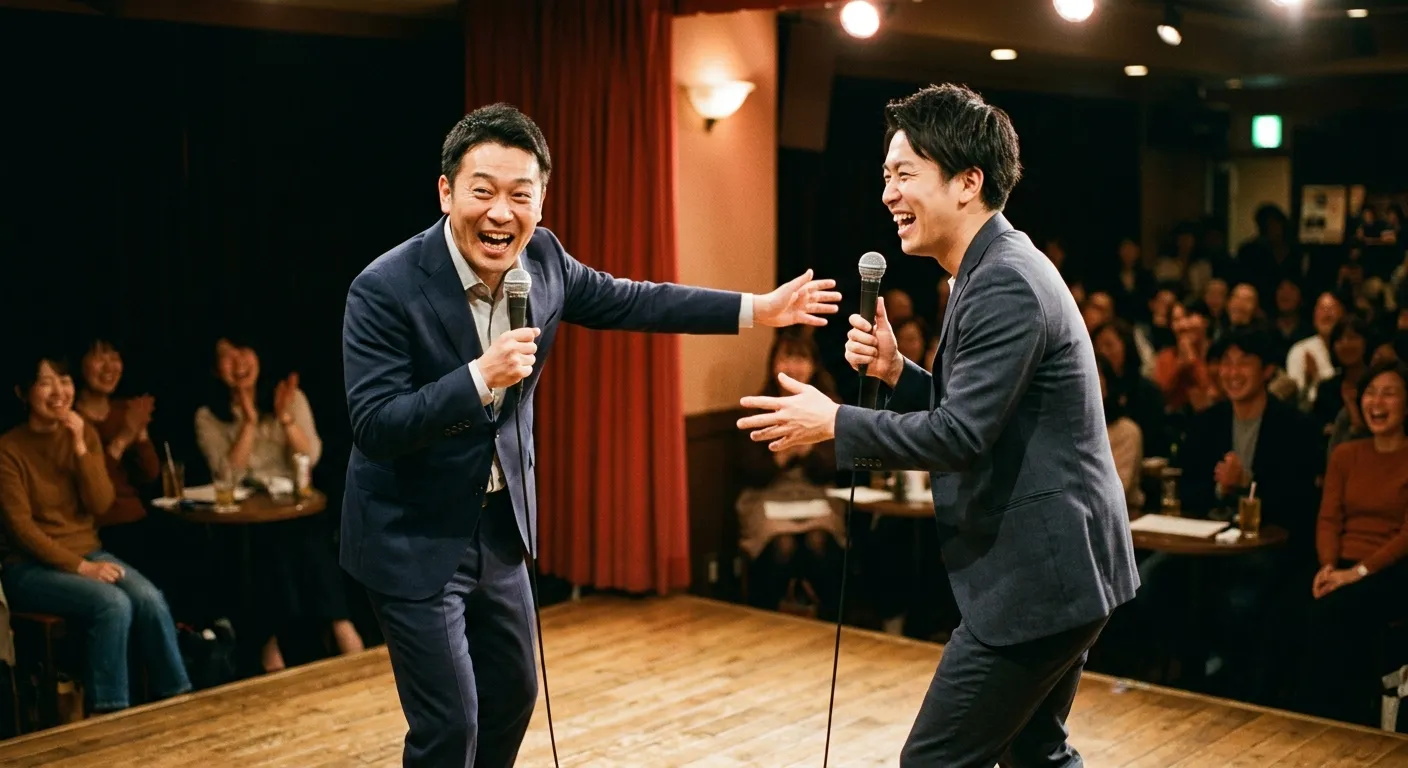 Dos cómicos de manzai sobre un escenario en plena actuación, el humor: el corazón de la identidad kansaiense