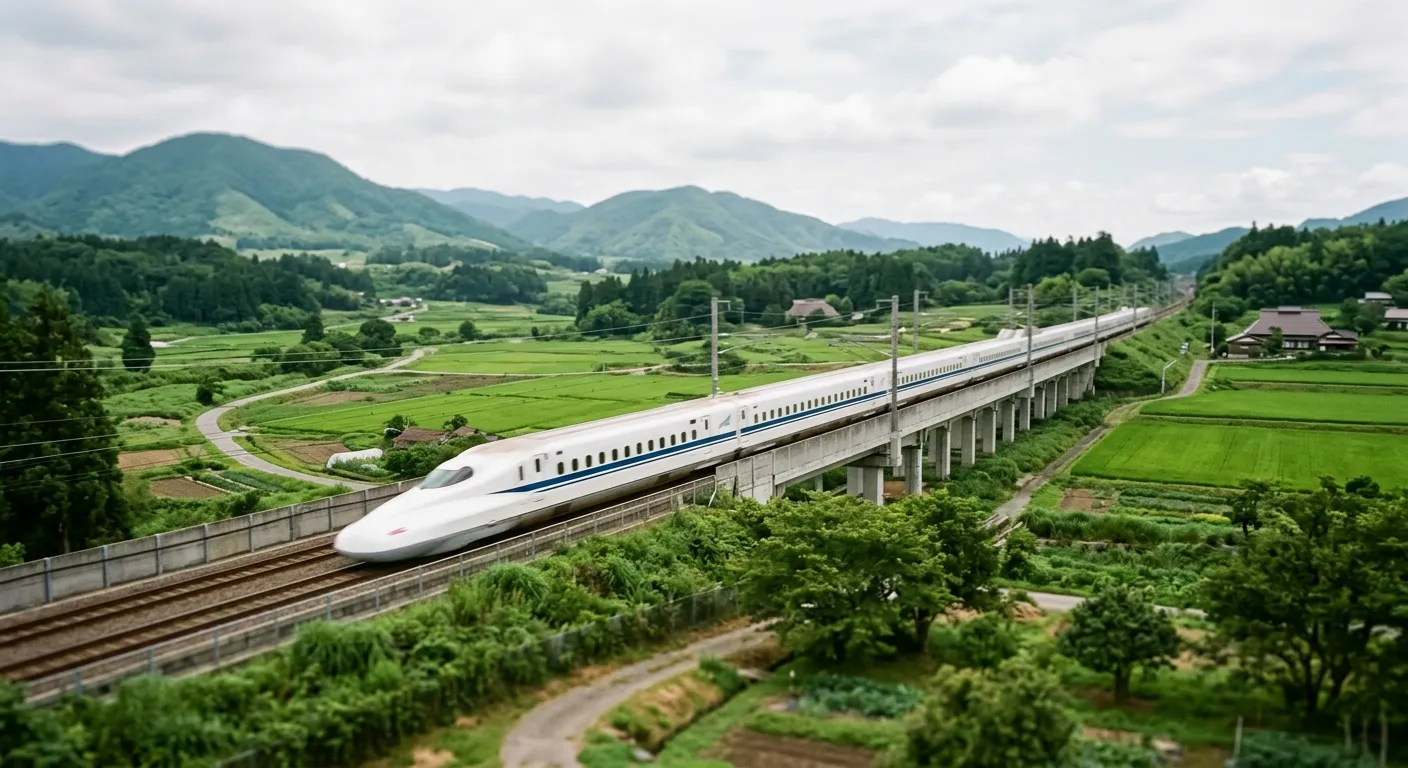 Tren bala shinkansen atravesando el paisaje japonés, viajar entre Kantō y Kansai
