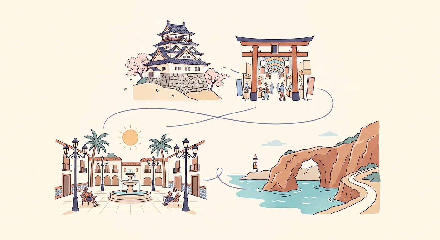 Ilustración minimalista comparando rivalidades este-oeste de Japón y el mundo hispano, diálogo con el mundo hispano