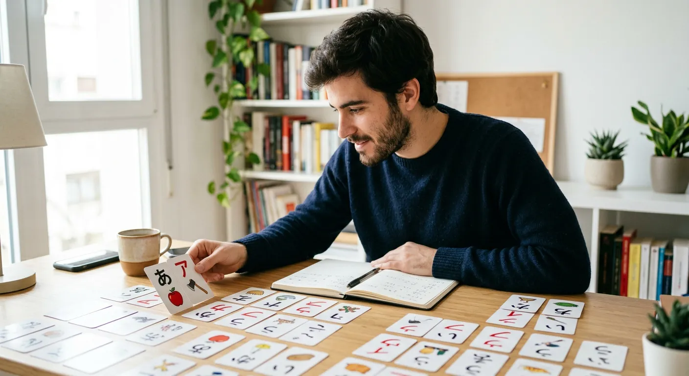 Joven castellano comparando tarjetas de correspondencia hiragana-katakana en escritorio moderno