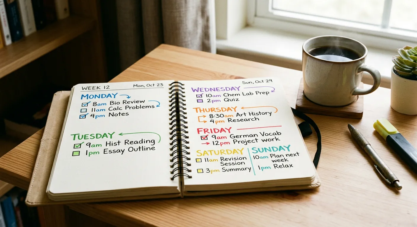 Agenda semanal abierta con plan de estudio de katakana marcado con colores