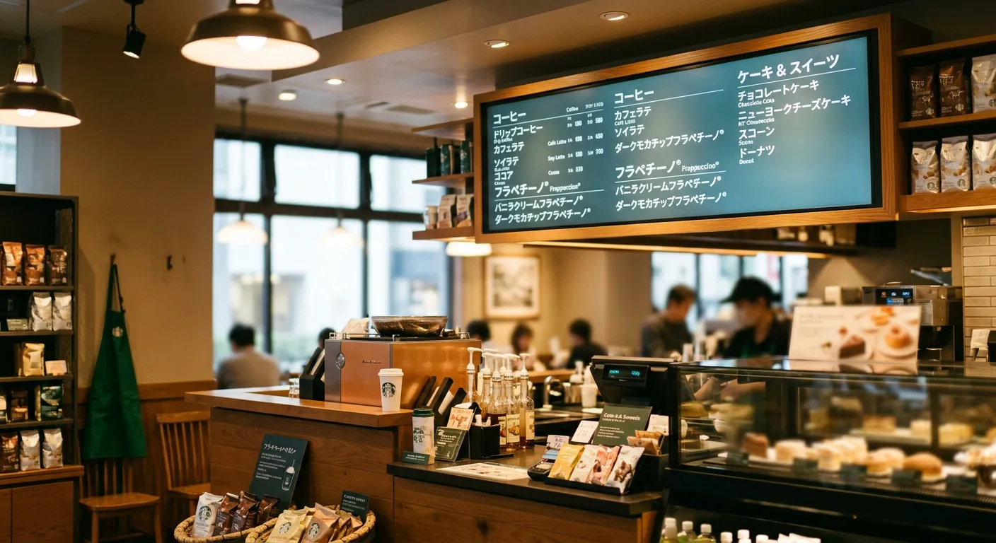 Menú de Starbucks japonés con palabras en katakana como コーヒー y チョコレート