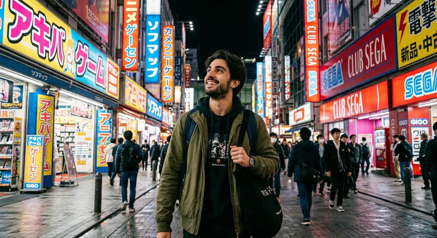 Joven castellano caminando por Akihabara leyendo carteles de katakana con emoción