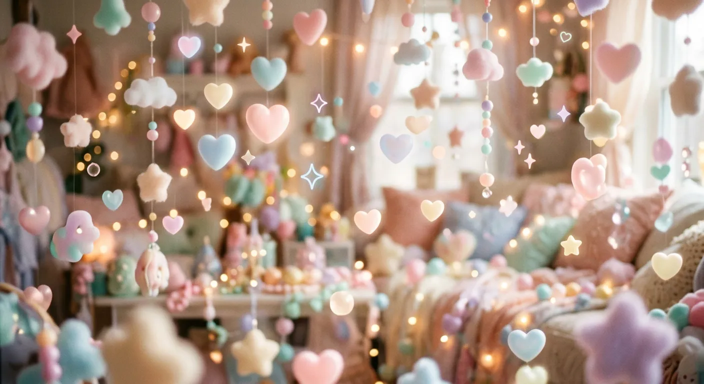 Una escena pastel de ensueno con formas tiernas y corazones flotando