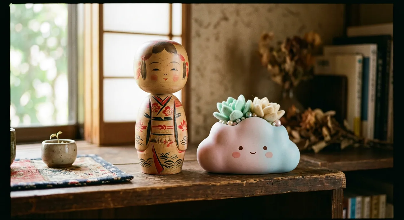 Una muneca tradicional junto a un objeto pastel moderno, mil anos de kawaii