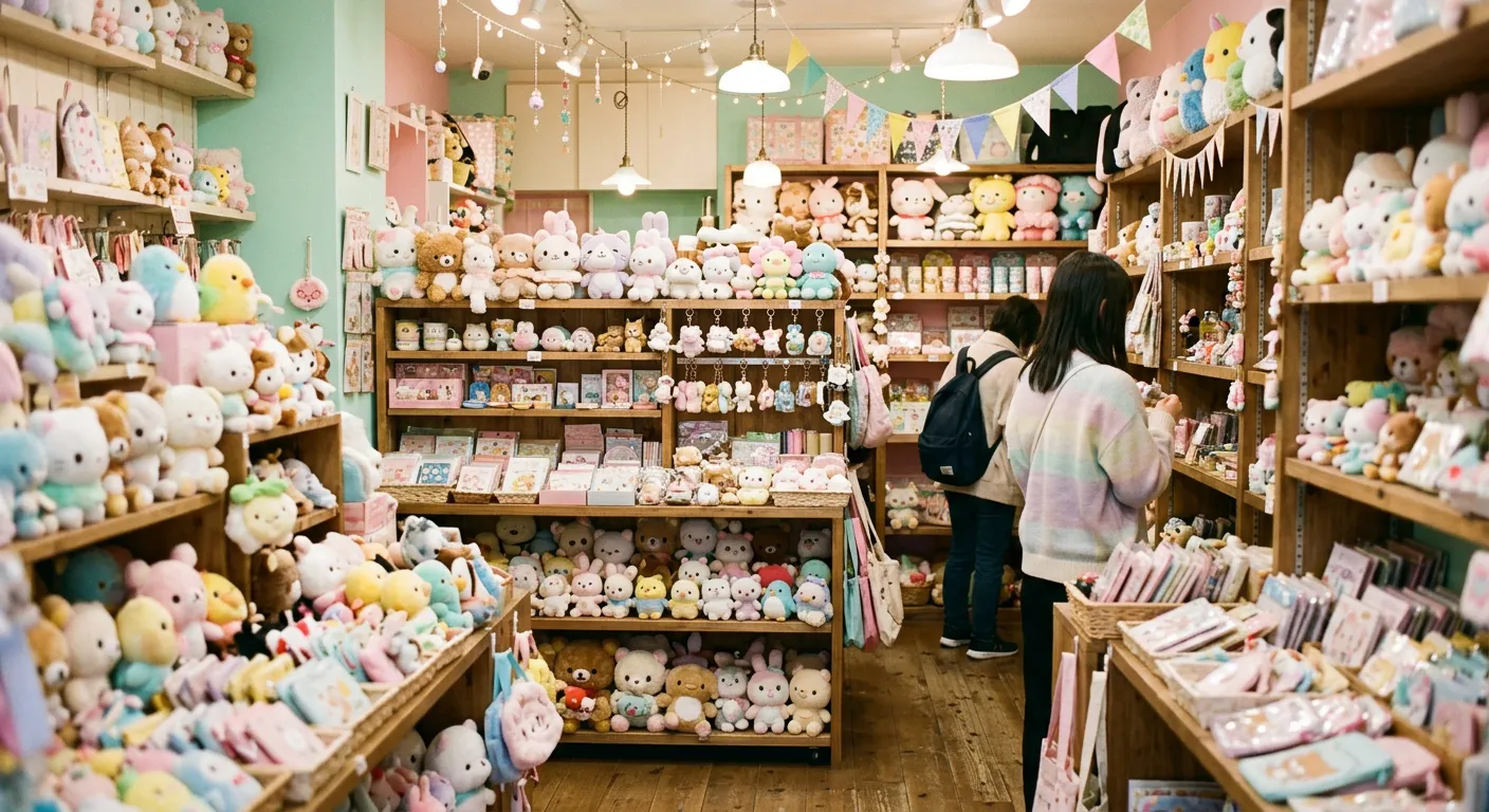Una tienda pastel de articulos tiernos con personajes y peluches genericos