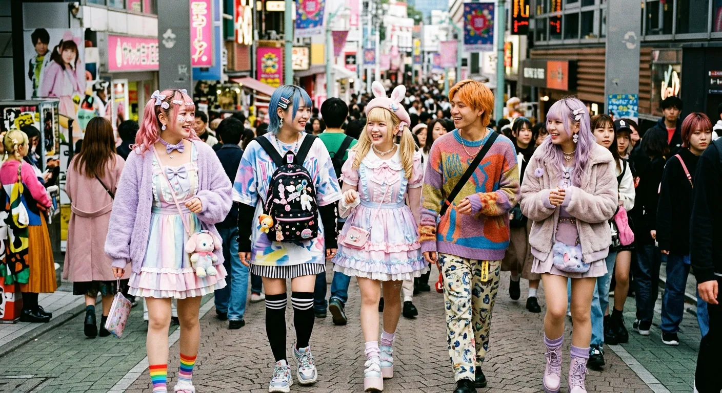 Jovenes japoneses con moda kawaii colorida en una calle de Harajuku