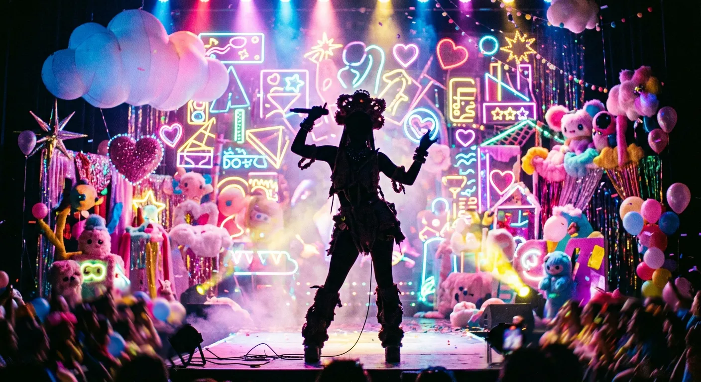 Un escenario pop de colores intensos con una silueta anonima y decor kawaii