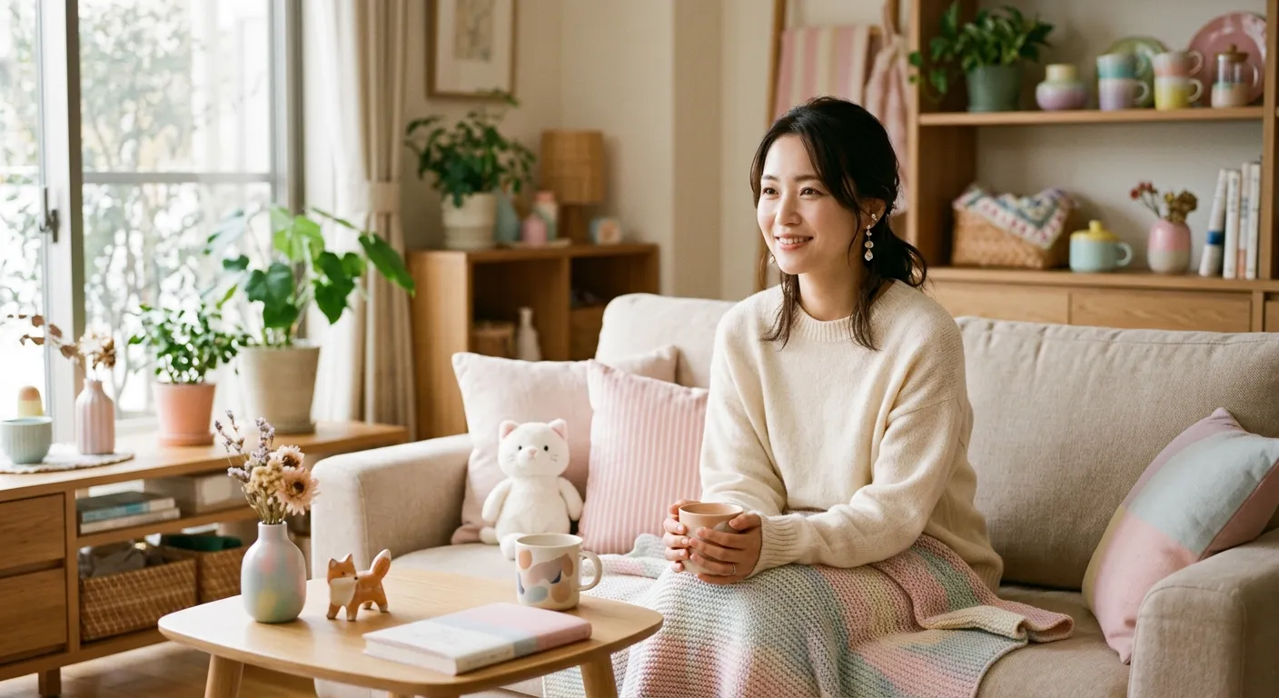 Una persona japonesa sonrie rodeada de objetos tiernos en pastel