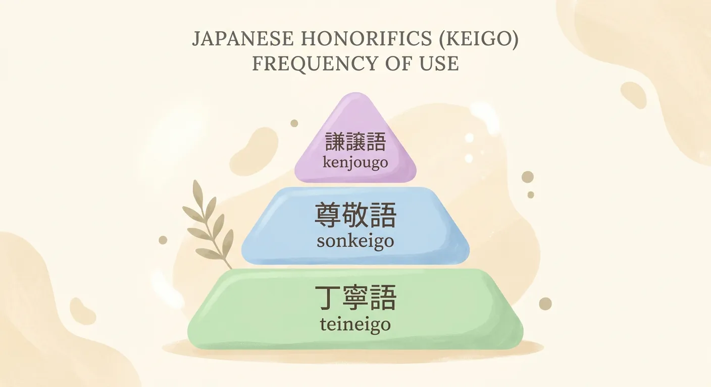 Ilustración de pirámide de tres niveles representando teineigo, sonkeigo y kenjougo