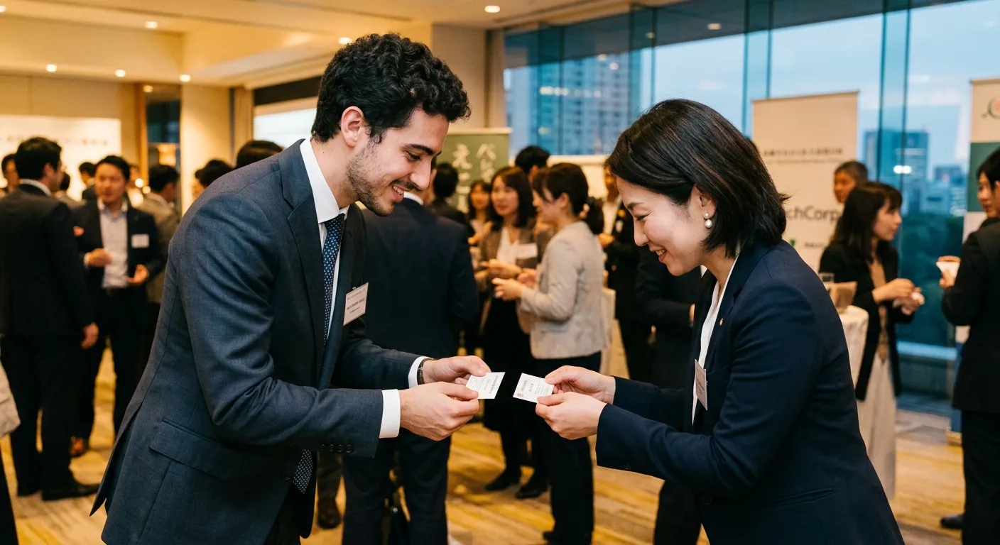 Joven castellano intercambiando tarjetas de visita con ambas manos en un evento de networking