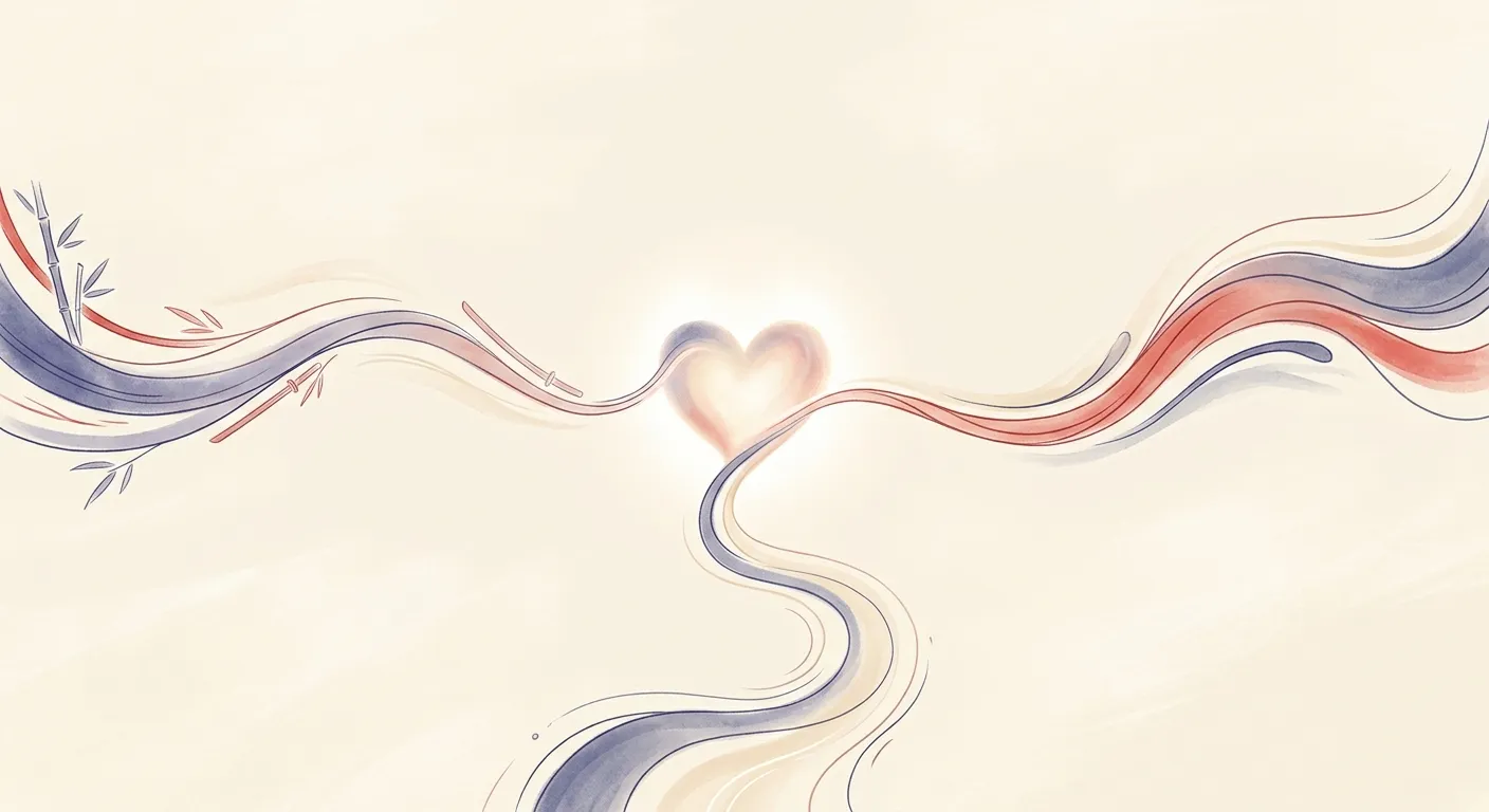 Ilustración minimalista de tres caminos que convergen en un corazón, tres caminos un mismo corazón