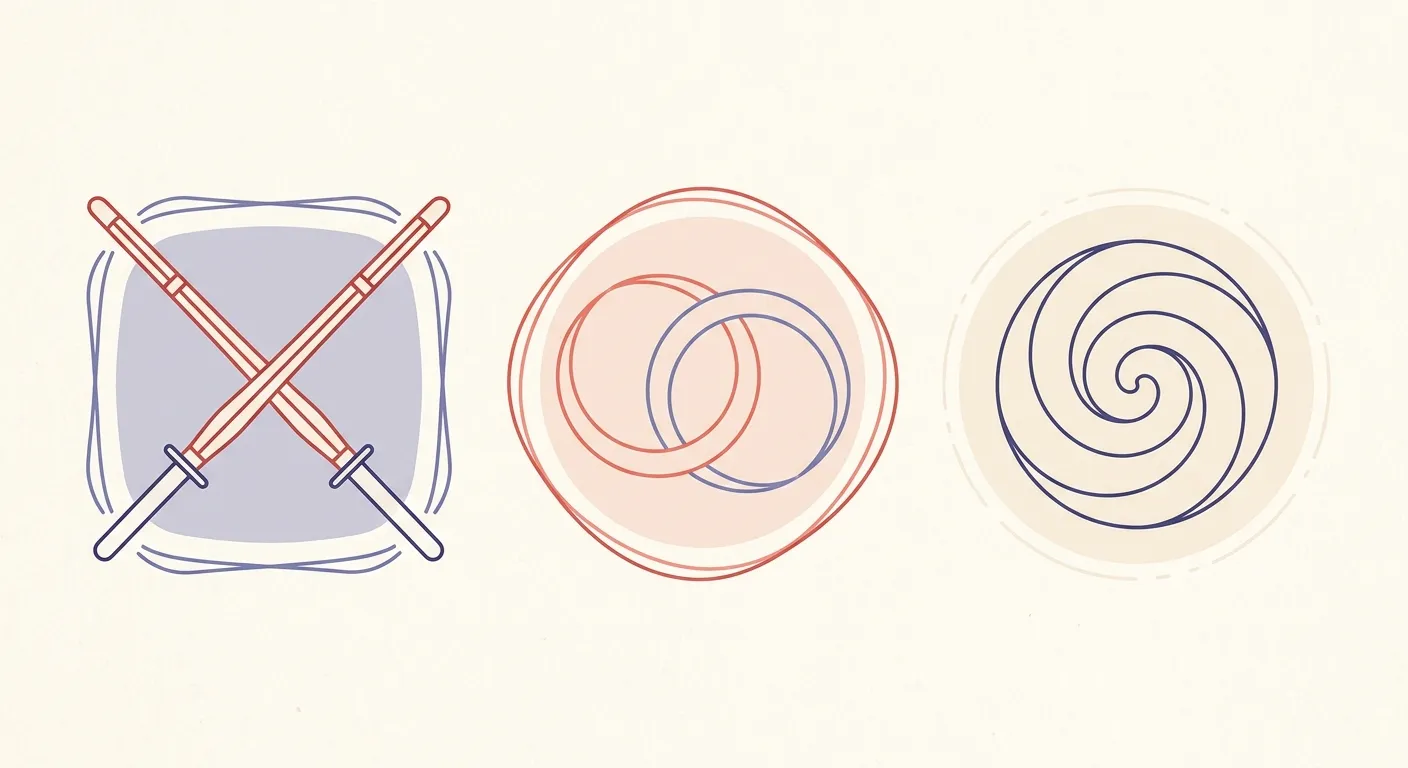 Ilustración minimalista comparando kendō, judō y aikidō con tres motivos distintos