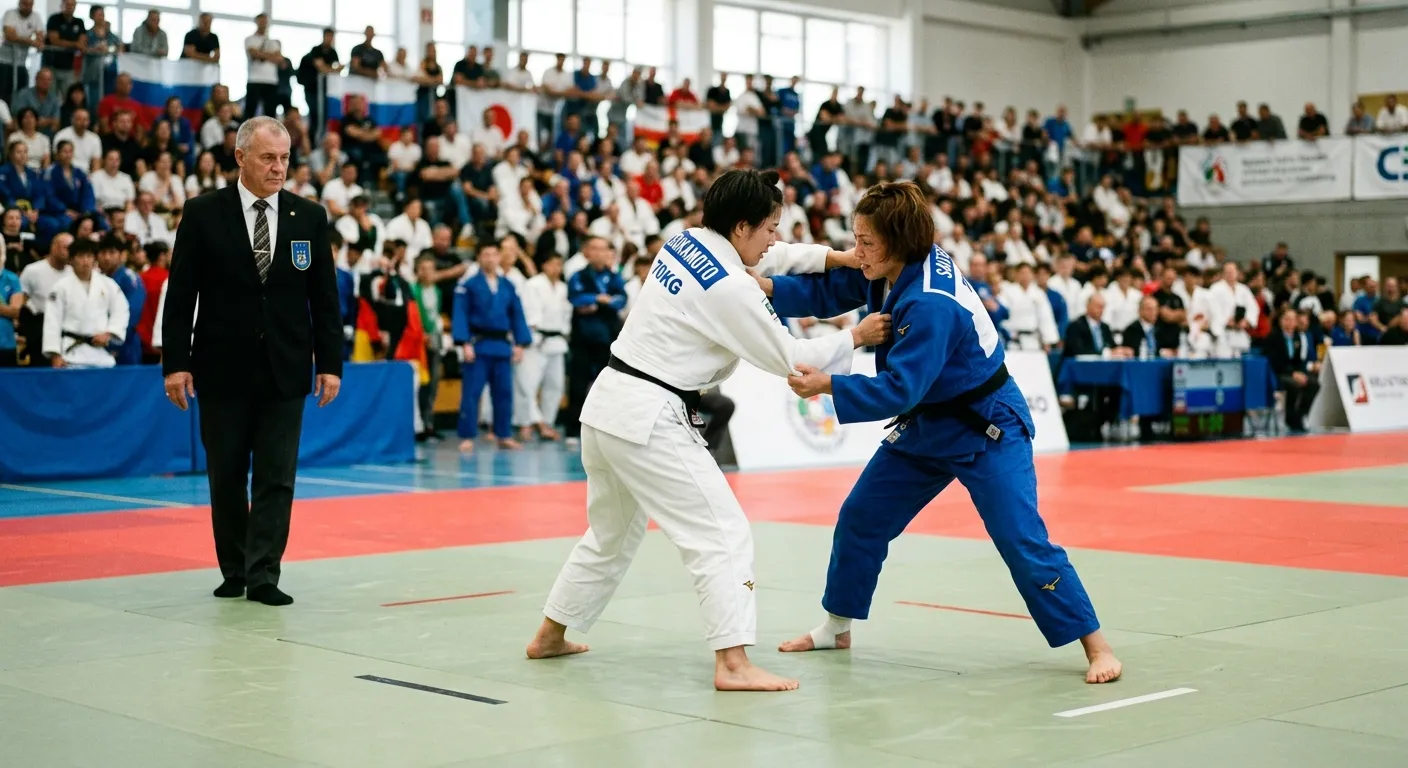 Combate de judō con árbitro en un torneo sobre el tatami, las competiciones y el aspecto deportivo