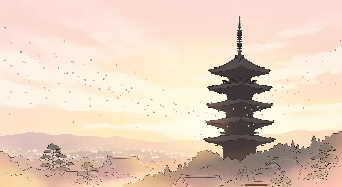 Ilustración minimalista de una pagoda con pétalos de cerezo, la capital del corazón