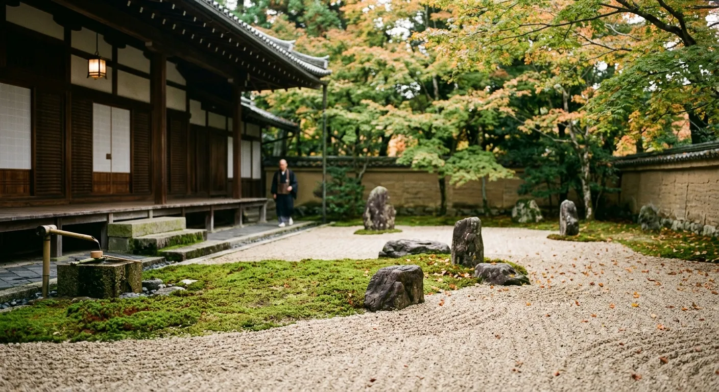 Jardín zen de un monasterio de Kioto con grava y musgo, los cinco grandes monasterios zen