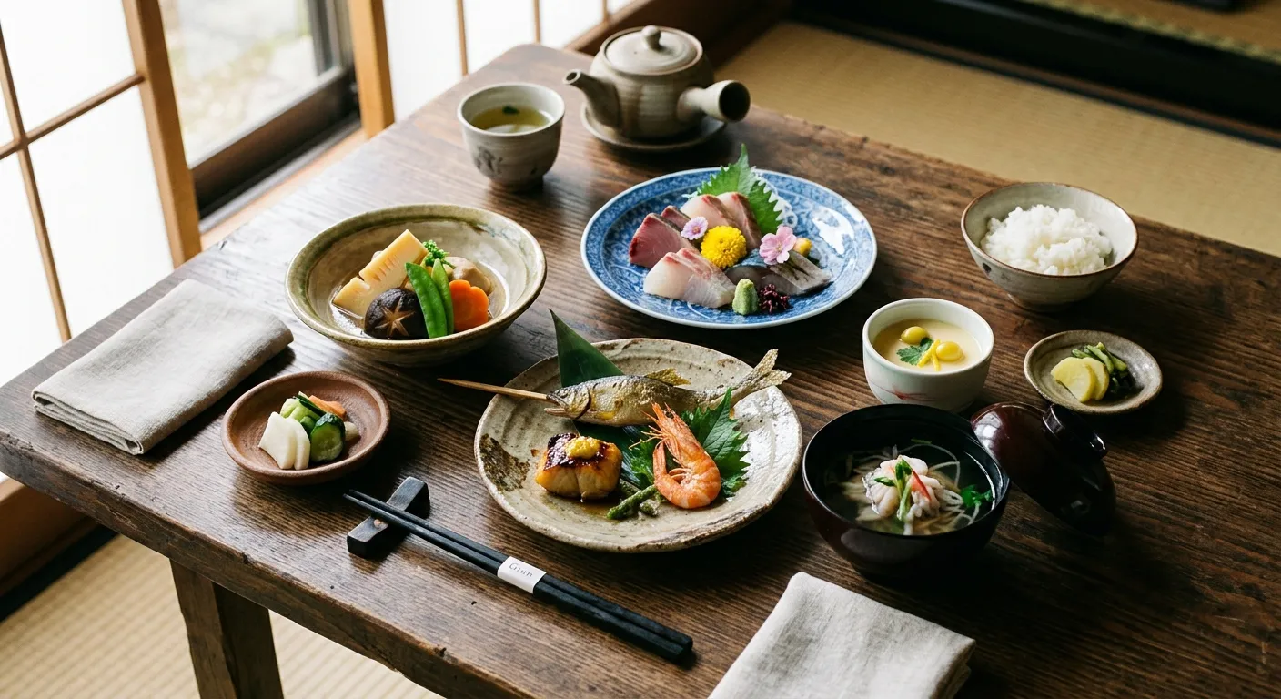 Comida kaiseki de Kioto bellamente presentada en cerámica, la cocina de Kioto: kyō-ryōri y kaiseki