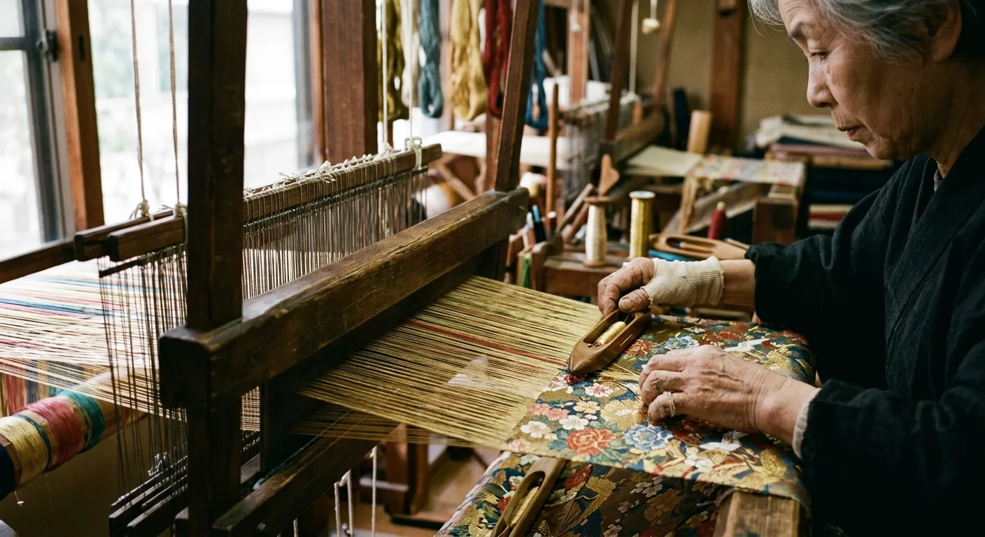Manos de un artesano de Kioto tejiendo brocado en un telar tradicional, los oficios tradicionales: el patrimonio inmaterial