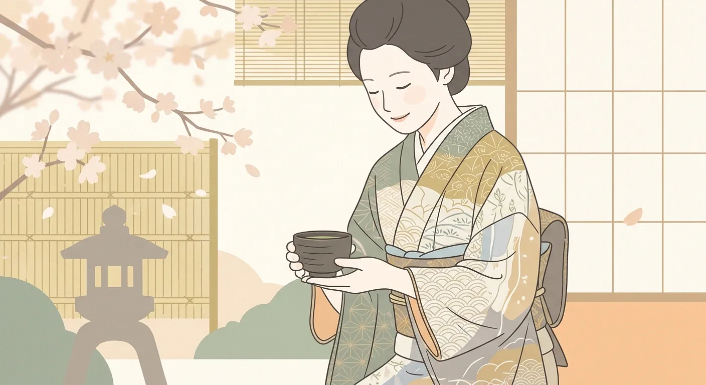 Ilustración minimalista del carácter refinado y sutil de los kiotenses, el famoso kioto-jin