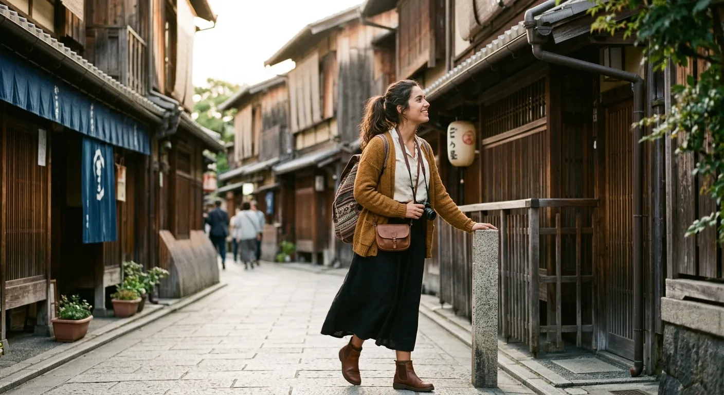 Joven viajera hispanohablante paseando por una calle tradicional de Kioto, guía práctica para visitar Kioto