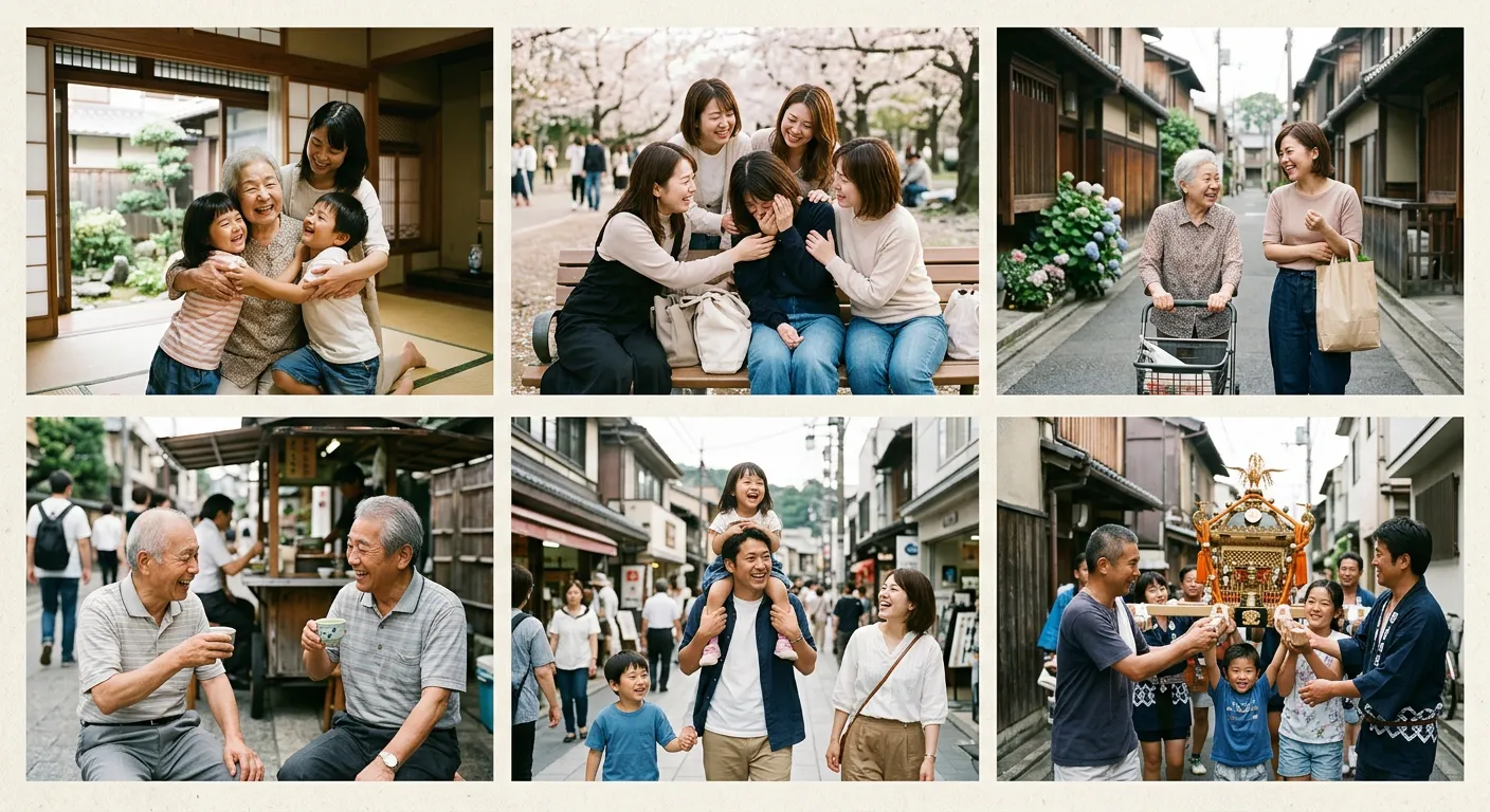 Diversas escenas japonesas de lazos familiares, de amistad y comunidad