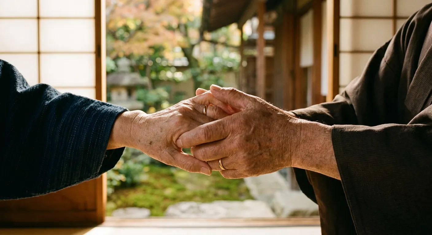 Unas manos japonesas firmemente unidas, el lazo perdurable
