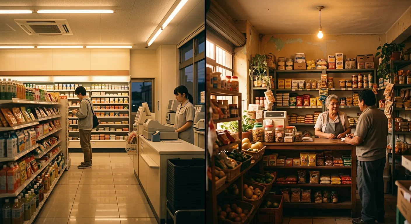 El konbini frente a la tienda de barrio hispana