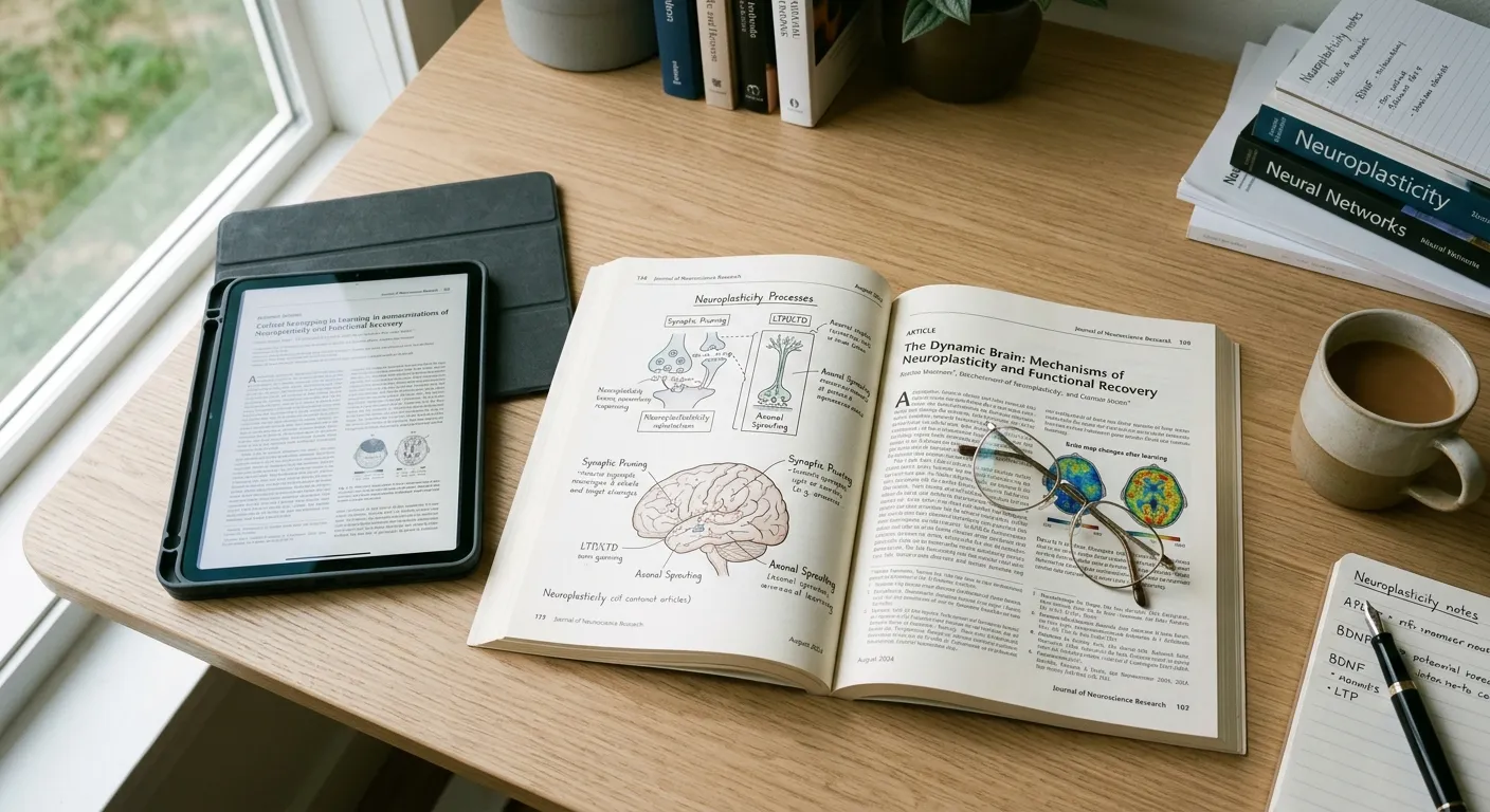 Revista científica abierta con diagramas del cerebro junto a gafas de lectura y una tablet con estudios académicos