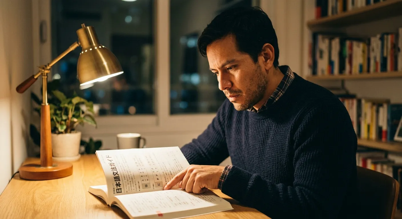 Hombre latino adulto concentrado estudiando un libro de gramática japonesa bajo la luz cálida de una lámpara