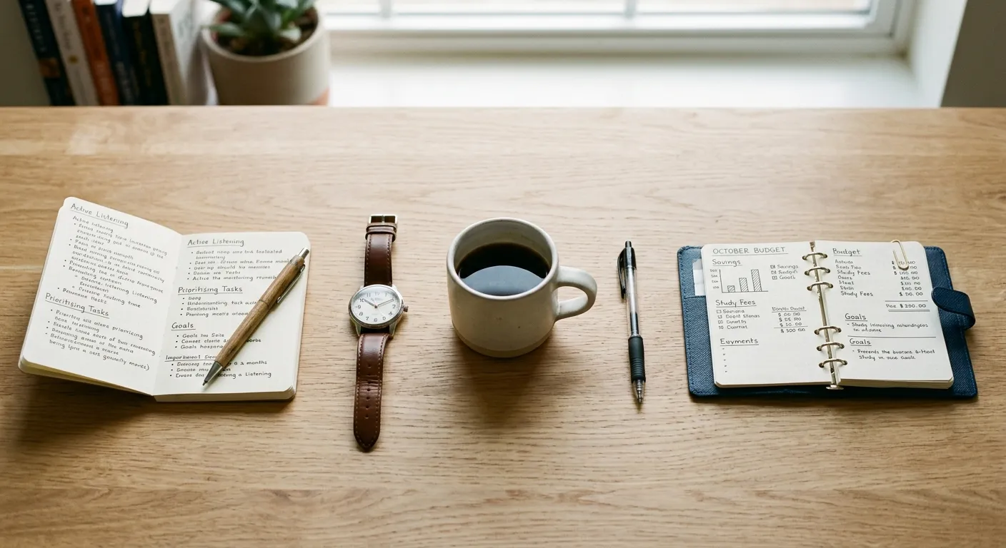 Escritorio moderno con cinco objetos que representan ventajas del aprendizaje adulto: cuaderno, reloj, café, pluma y planificador