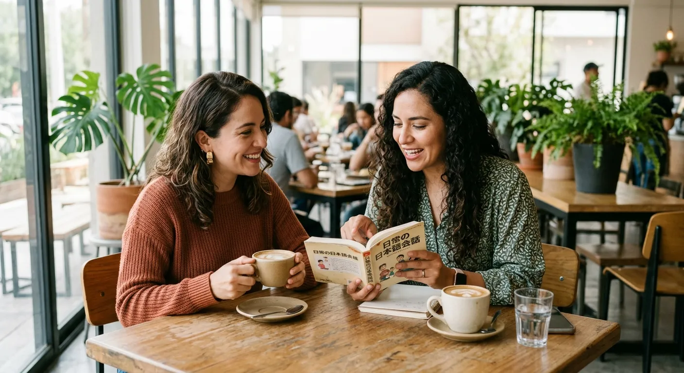 Dos amigos latinos adultos charlando en una cafetería moderna mientras revisan un libro de conversación japonesa