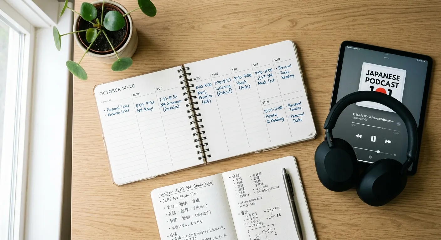 Espacio de trabajo organizado con planificador semanal, tablet con podcast, auriculares y notas de estudio estratégico