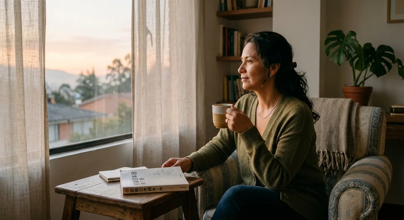 Mujer latina adulta reflexionando junto a la ventana con una taza de té y un libro de japonés cerrado a su lado