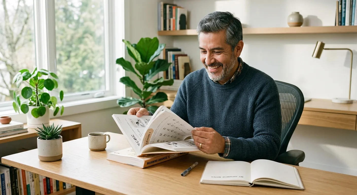 Hombre latino de mediana edad sonriente abriendo un nuevo libro de texto japonés con expresión decidida